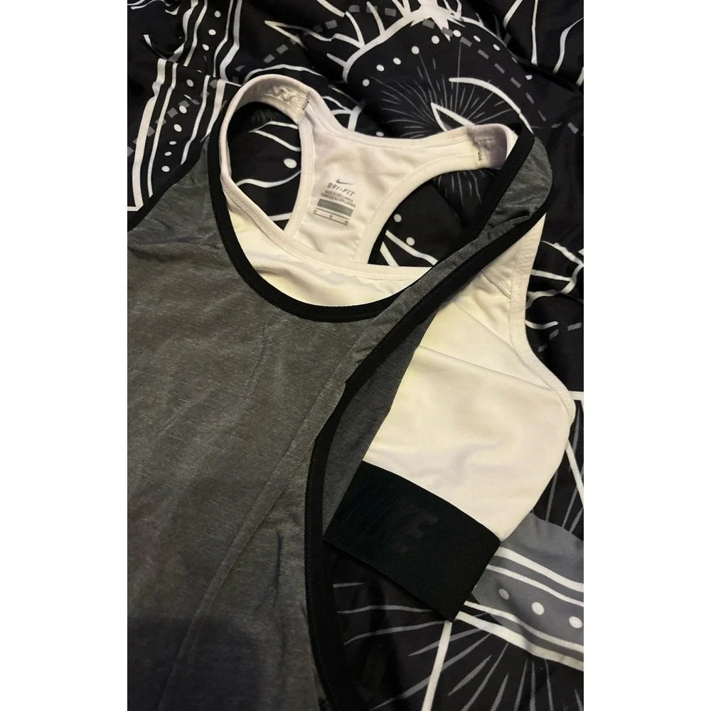 Nike Dri-FIT Grey/White/Black Loose‎ Active Tank Over Sports Bra, Medium